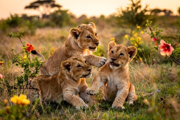Fototapeta premium Three lion cubs playing at sunset in african savanna