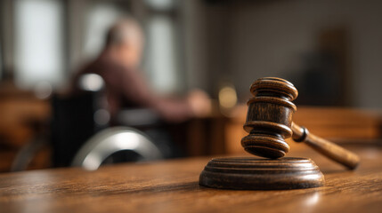 Gavel in focus on wooden judge's table, blurred silhouette of disabled person seated behind, inclusive courtroom with neutral tones, symbolic image of law and accessibility