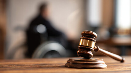Gavel in focus on wooden judge's table, blurred silhouette of disabled person seated behind, inclusive courtroom with neutral tones, symbolic image of law and accessibility