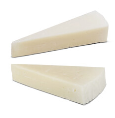 Two firm wedges of Pecorino Romano cheese isolated on background, showcasing dense texture and pale color, ideal for cooking or product packaging use.

