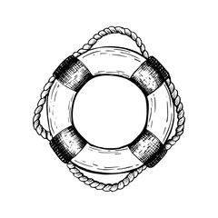 Lifebuoy, lifesaver with rope. Hand drawn outline style life ring. Vector illustration in a black and white sketch style. Sketch in line art style isolated on white. For clip art cards packages.