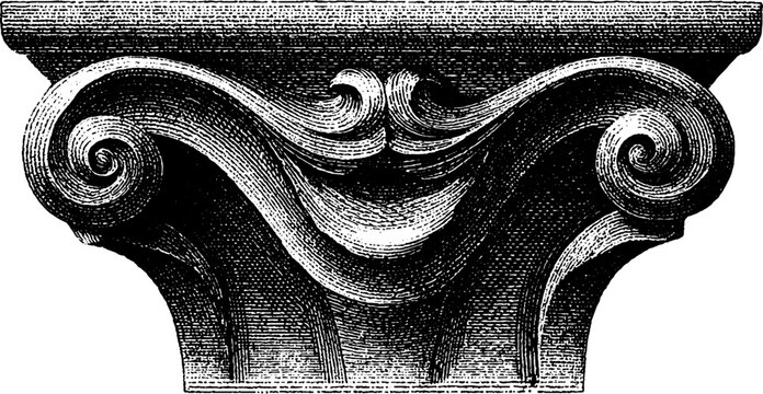Engraved illustration of ornate archivolt with bold black lines for architectural design