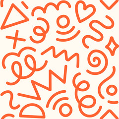 Memphis fun geometric seamless pattern. Cool abstract background, retro 80s, 90s style with basic shapes: star, triangle, circle, semicircle, heart, zigzag, spiral, wavy lines. Cute kid doodle design.