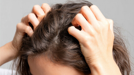 Fototapeta premium Hands inspecting scalp with noticeable hair thinning at top of head, natural lighting and neutral background, concept of hair health concern and treatment awareness