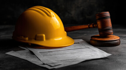 Hard hat next to safety inspection documents and a judge's gavel, concept of legal oversight in construction projects, dark background, contrast lighting, strong compliance message
