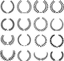 Set of black laurels frames branches. Vintage laurel wreaths collection. Hand drawn vector laurel leaves decorative elements. Leaves, swirls, ornate, award, icon. Vector illustration.