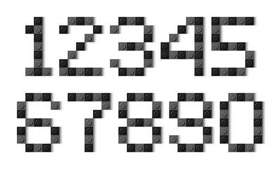 Numbers composed of black and grey plastic brick toy blocks on white background. Building bricks font. Vector background illustration