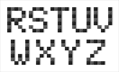 Letters of the alphabet composed of black and grey plastic brick toy blocks on white background. Building bricks font. Vector background illustration
