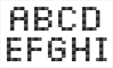 Letters of the alphabet composed of black and grey plastic brick toy blocks on white background. Building bricks font. Vector background illustration