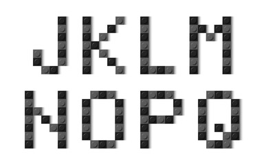 Letters of the alphabet composed of black and grey plastic brick toy blocks on white background. Building bricks font. Vector background illustration