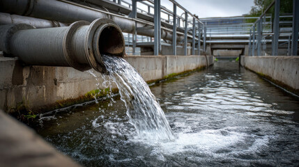 Industrial factory pipe discharging water into outdoor drainage system, visible metal structures and concrete walls, concept of wastewater management and environmental impact
