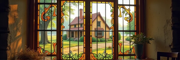 Charming countryside cottage viewed through ornate stained glass window in sunlit garden