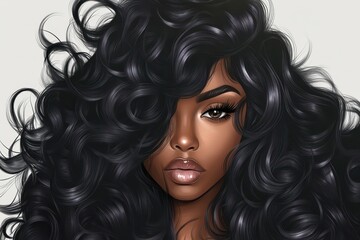 Fototapeta premium Stunning Black Woman Showcasing Long, Luxurious Curls in a Fashionable Pose