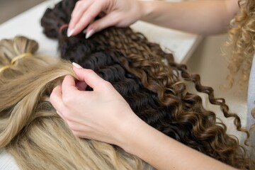 Naklejka premium Hands touching hair of different textures and colors