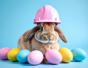 Bunny in hard hat with Easter eggs