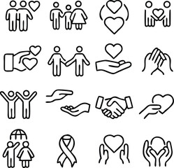 generous and sympathize icon set in thin line style, care, Friendship and love, Mutual understanding and handshake, responsibility, vector illustration