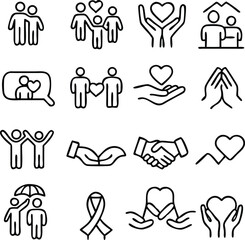 Fototapeta premium generous and sympathize icon set in thin line style, care, Friendship and love, Mutual understanding and handshake, responsibility, vector illustration