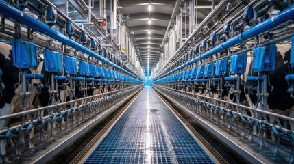 Fototapeta premium Long row of dairy cows being milked by automated machines inside modern milking parlor, clean industrial setting, bright lighting, focus on symmetry and efficiency