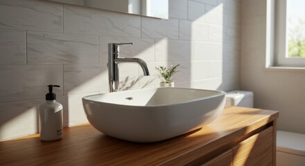 Fototapeta premium Modern bathroom sink with wooden countertop and natural light