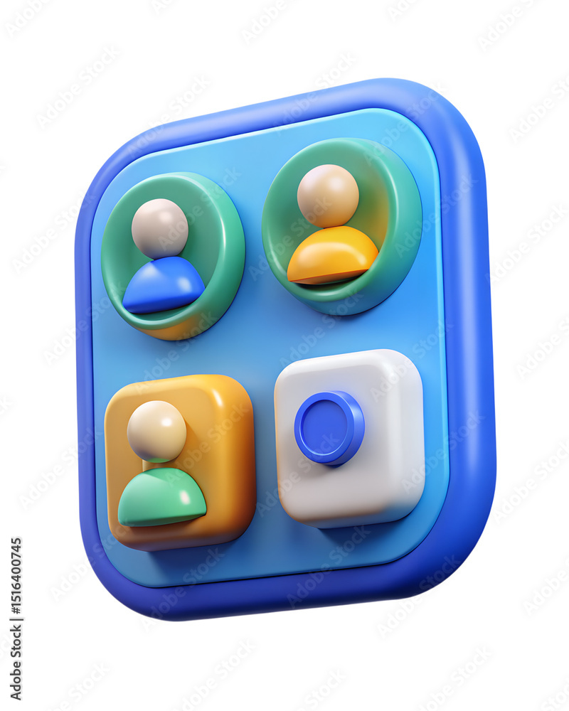 Poster 3d rendering of a colorful app interface featuring user icons and interface button elements in plast