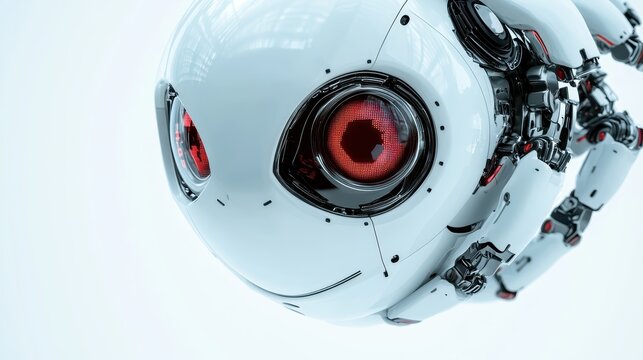 A close-up view of a futuristic robot head featuring expressive eyes and a playful smile. The sleek design captures the essence of advanced technology and artificial intelligence.