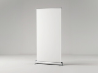 A blank white retractable banner stand isolated on a light grey background. Perfect for advertising, presentations, or trade show mockups.