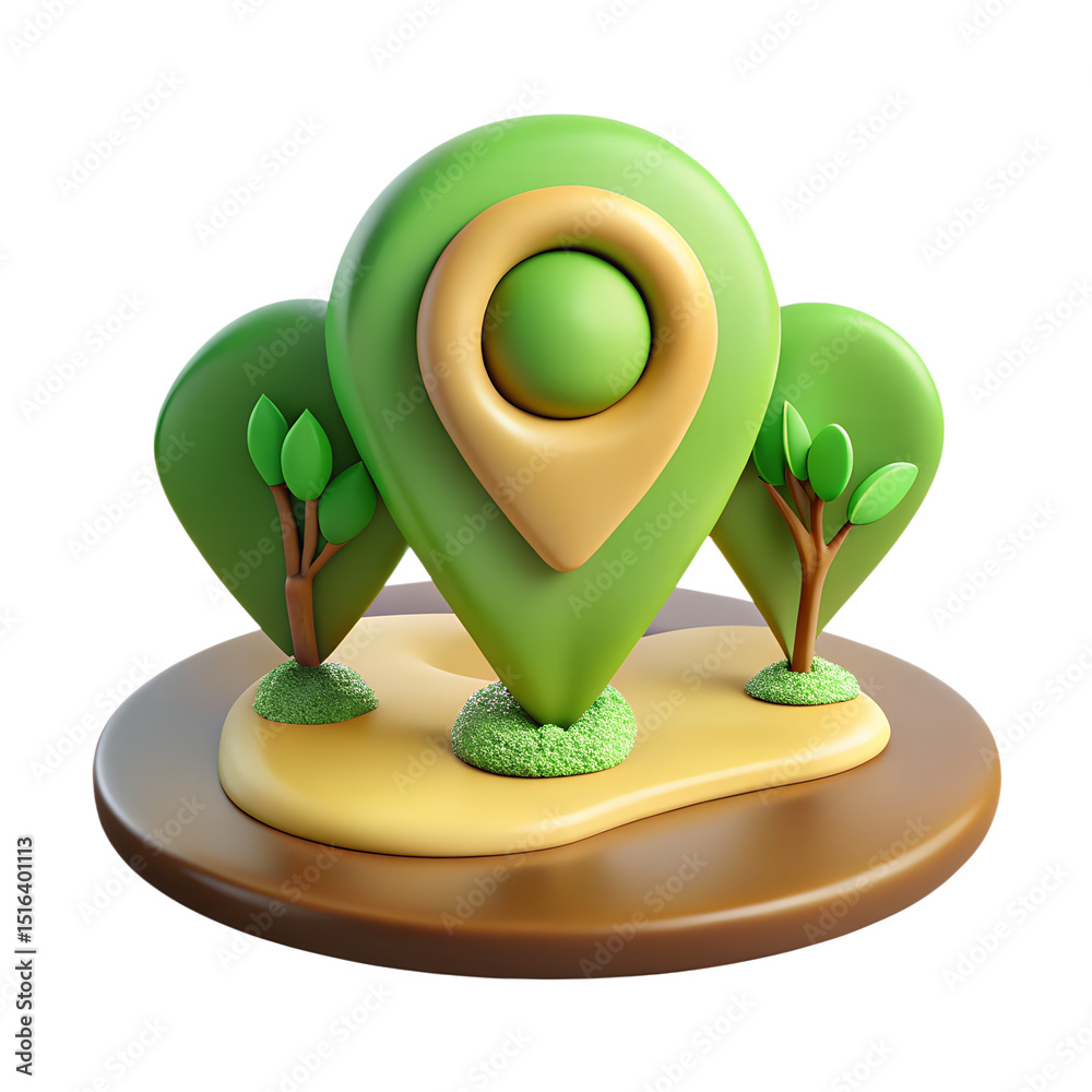 Poster 3d rendering of a green location pin surrounded by small trees icon design isolated on transparent b