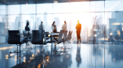 Modern business meeting in a glass-walled office, sleek conference table in focus, blurred professionals in background, soft daylight, urban city view through transparent walls