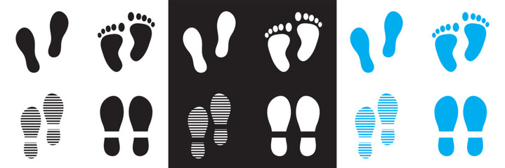 Human foot and shoe print icons . Vector for websites, mobile interfaces, presentations, banner, visual branding etc. Vector illustration. isolated on white and black background. EPS 10