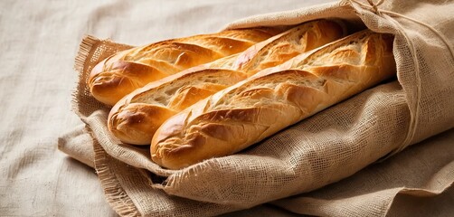 Freshly baked baguettes in a rustic burlap sack, artisan bread presentation