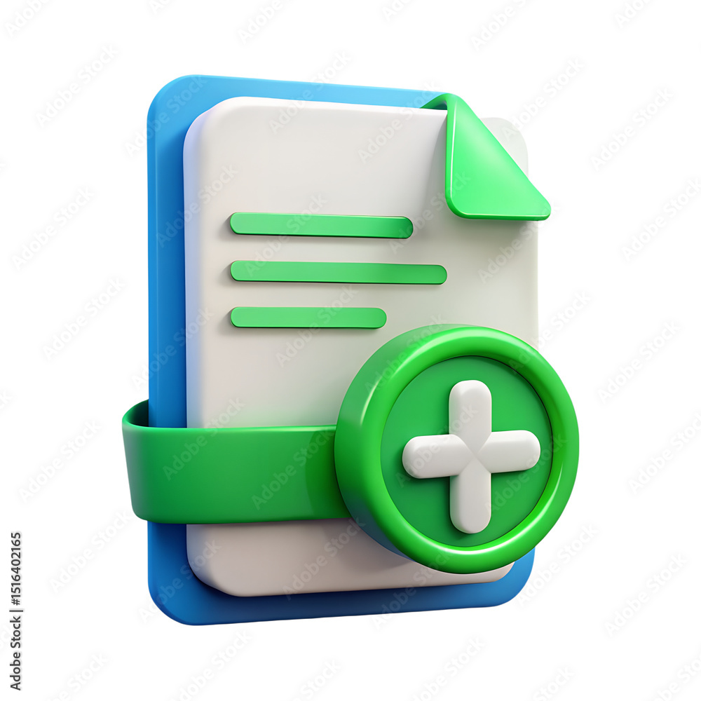 Poster 3d rendering of document icon with a plus sign inside a green circle representing adding file or cre