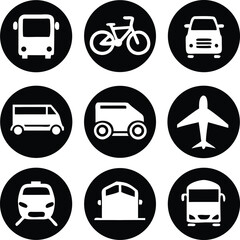 Transportation Icons Collection. Airplane, Public bus, Train, Ship/Ferry and auto signs. Shipping delivery symbol. White on a black background