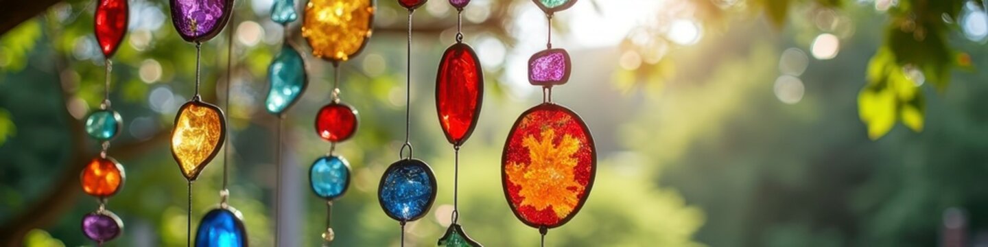 Colorful stained glass suncatchers hanging in sunlit garden