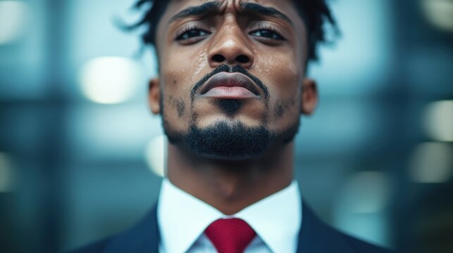 Portrait of a confident businessman showing determination with a focused expression, dressed in a suit against a blurred modern background symbolizing ambition and success.