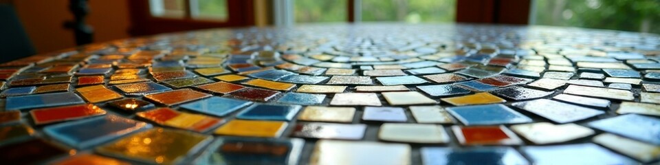 Colorful glass mosaic table design with sunlight reflections in cozy room interior