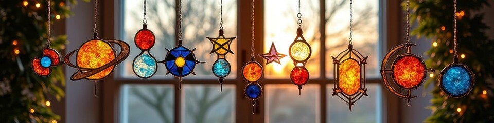 Stained glass ornaments hanging in window at sunset with warm glowing colors