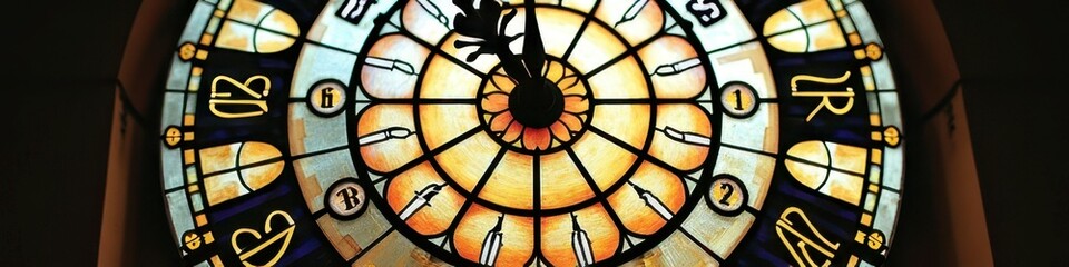 Antique stained glass clock face with roman numerals and intricate details