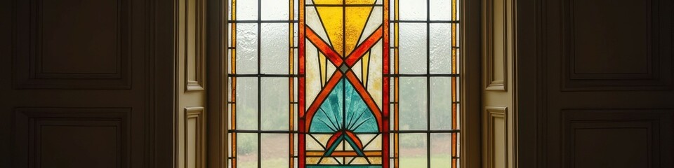 Colorful geometric stained glass window in symmetrical design