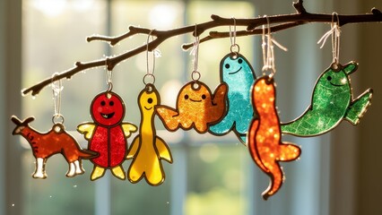 Colorful stained glass animal ornaments hanging on branch in sunlit room