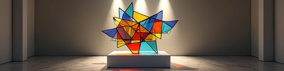 Illuminated abstract stained glass sculpture in modern gallery setting