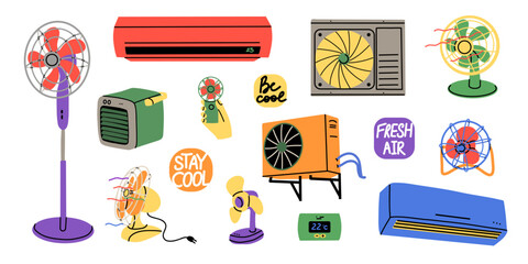 Electric fan and air conditioner. Ventilator rotating propeller, cool air control, climate control. Home appliance. Modern or vintage electrical equipment. Doodle drawing. Vector cartoon illustration