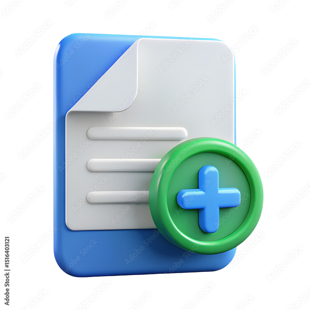 Poster a 3d rendering plastic-style icon of a document with a plus sign indicating add functionality over a