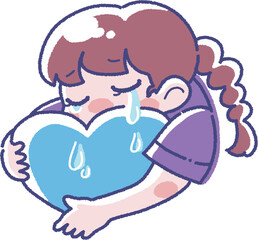 ハートを持った泣いている女の子のイラスト