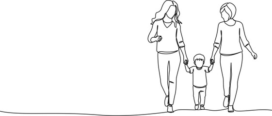 continuous single line drawing of two women walking hand in hand with a young child, line art vector illustration