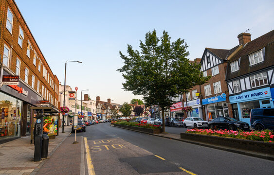 Hayes, Kent, UK - Sep 5 2021: Station Approach, a commercial and retail road near the railway station in Hayes, Kent with Sainsbury's supermarket. Hayes is in the Borough of Bromley in Greater London.