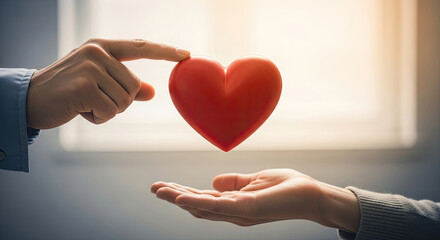 Gentle hands sharing a vibrant red heart symbolizing love care and compassion