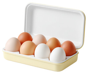 Organized container of fresh eggs isolated on white background for kitchen storage and food preparation.