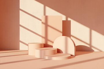 Geometric shapes podiums for product display with window shadows in a minimal modern studio