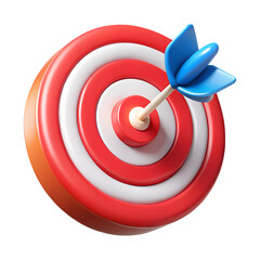 A colorful 3d rendering of a bullseye with a blue arrow in the center representing achievement and success with plastic-style icon