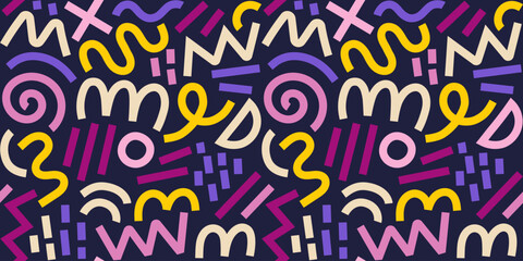 Memphis geometric seamless pattern. Multicolor abstract background in retro 80s, 90s style with various shapes: circles, semicircles, dots, zigzags, spirals, wavy lines. Cute kid doodle design.	
